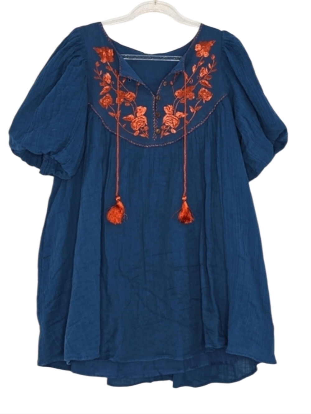 Free People Linda Bonita Tunic Top Mini Dress Boho Embroidered Tassel Neckline